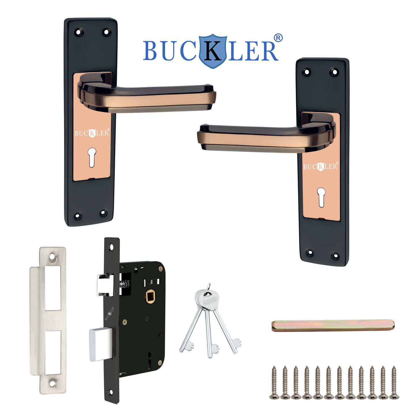 BUCKLER Iron Premium Mortise Handle Lock set for wooden door, 8 Inch Brass Antique, Heavy duty double locking system with 3 keys