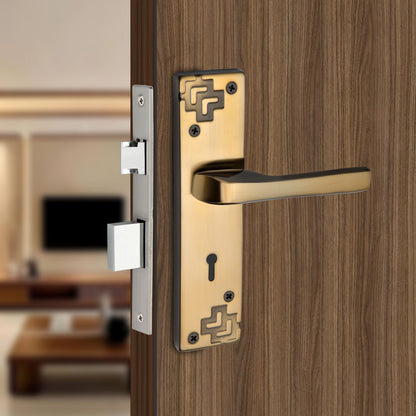 BUCKLER Iron Premium Mortise Handle Lock set for wooden door, 8 Inch Brass Antique, Heavy duty double locking system with 3 keys