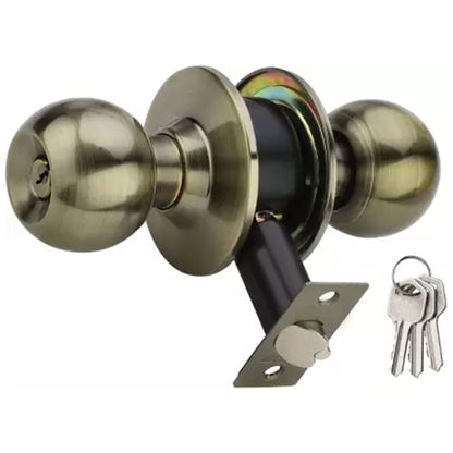 BUCKLER Premium Cylindrical Door Lock | Brass Antique Finish Round Door Knob Lock with Keys | Heavy Duty Main Door & Room Door Security Lock