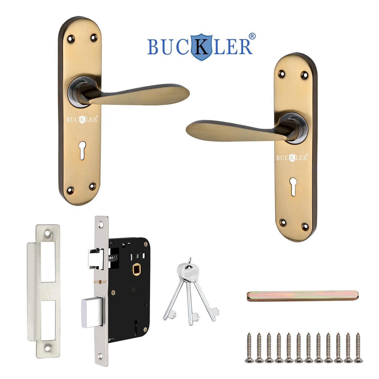 BUCKLER Iron Premium Mortise Handle Lock set for wooden door, 8 Inch Brass Antique, Heavy duty double locking system with 3 keys