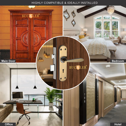 BUCKLER Iron Premium Mortise Handle Lock set for wooden door, 8 Inch Brass Antique, Heavy duty double locking system with 3 keys