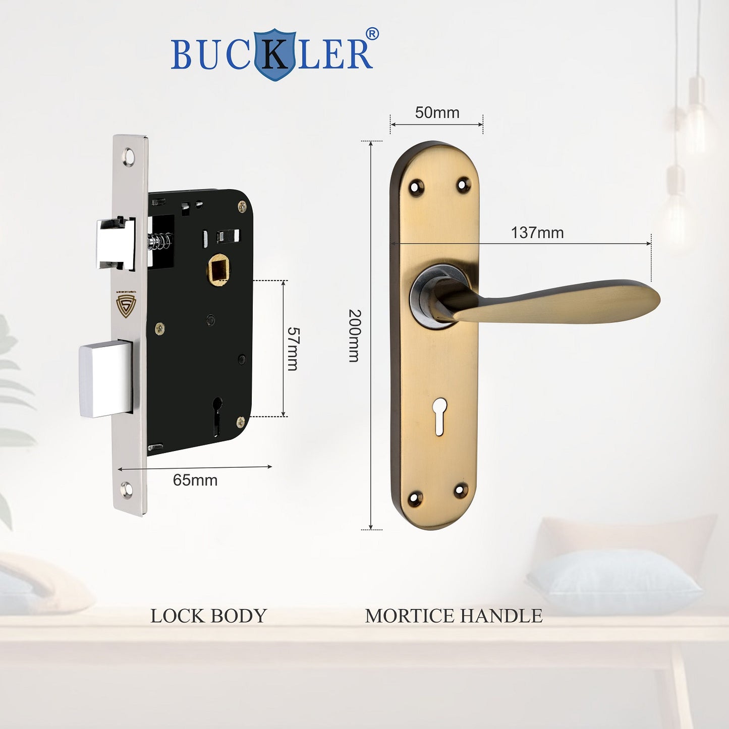 BUCKLER Iron Premium Mortise Handle Lock set for wooden door, 8 Inch Brass Antique, Heavy duty double locking system with 3 keys