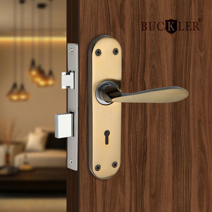 BUCKLER Iron Premium Mortise Handle Lock set for wooden door, 8 Inch Brass Antique, Heavy duty double locking system with 3 keys
