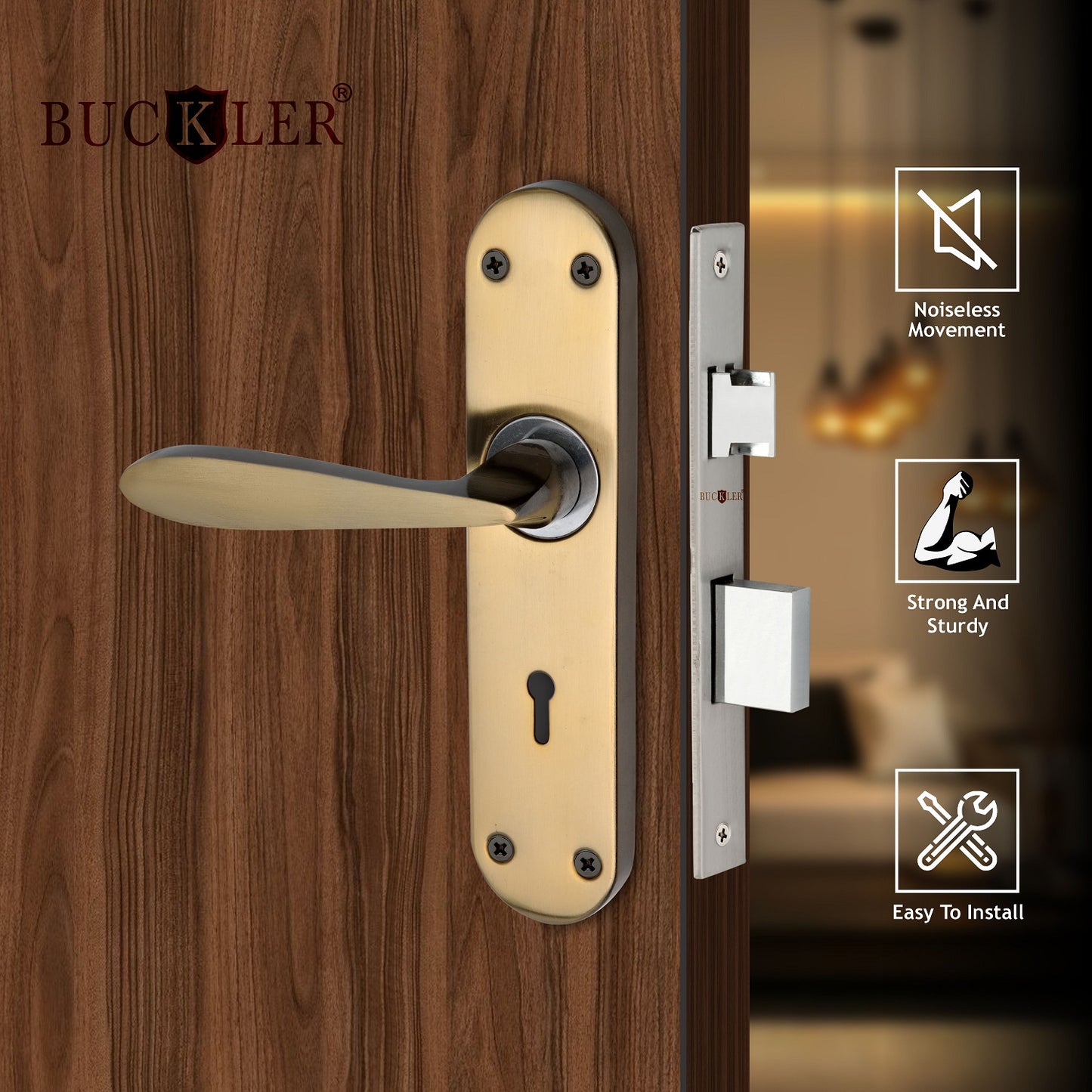 BUCKLER Iron Premium Mortise Handle Lock set for wooden door, 8 Inch Brass Antique, Heavy duty double locking system with 3 keys