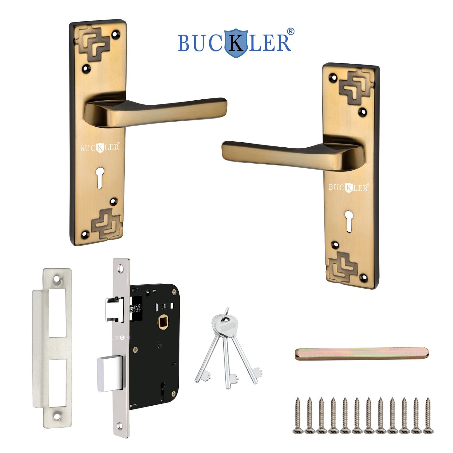 BUCKLER Iron Premium Mortise Handle Lock set for wooden door, 8 Inch Brass Antique, Heavy duty double locking system with 3 keys