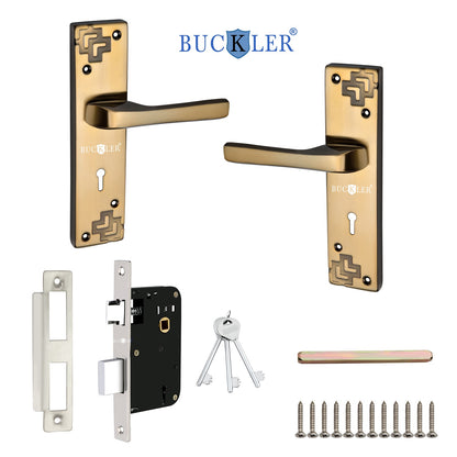 BUCKLER Iron Premium Mortise Handle Lock set for wooden door, 8 Inch Brass Antique, Heavy duty double locking system with 3 keys