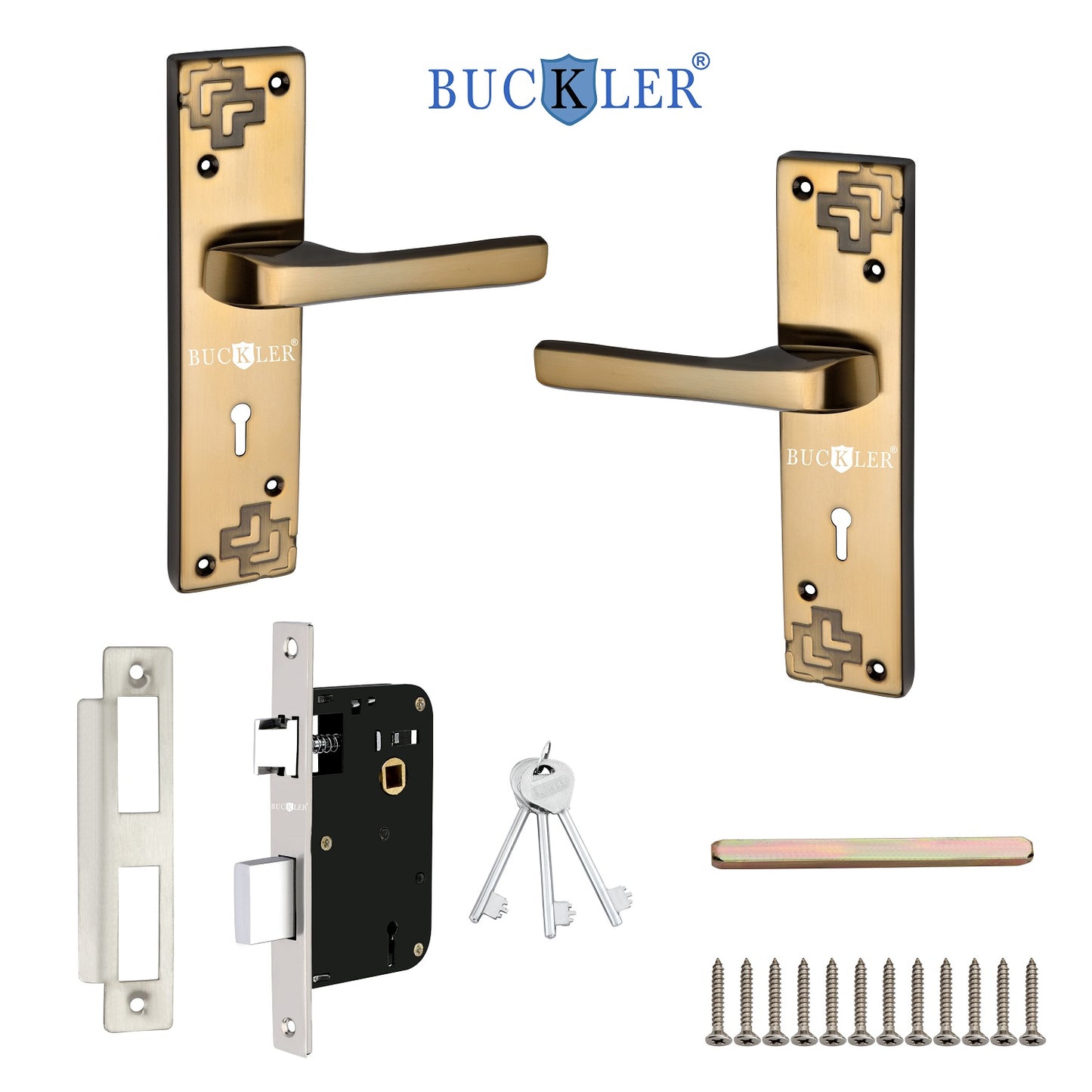 BUCKLER Iron Premium Mortise Handle Lock set for wooden door, 8 Inch Brass Antique, Heavy duty double locking system with 3 keys