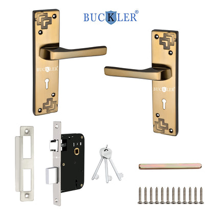 BUCKLER Iron Premium Mortise Handle Lock set for wooden door, 8 Inch Brass Antique, Heavy duty double locking system with 3 keys
