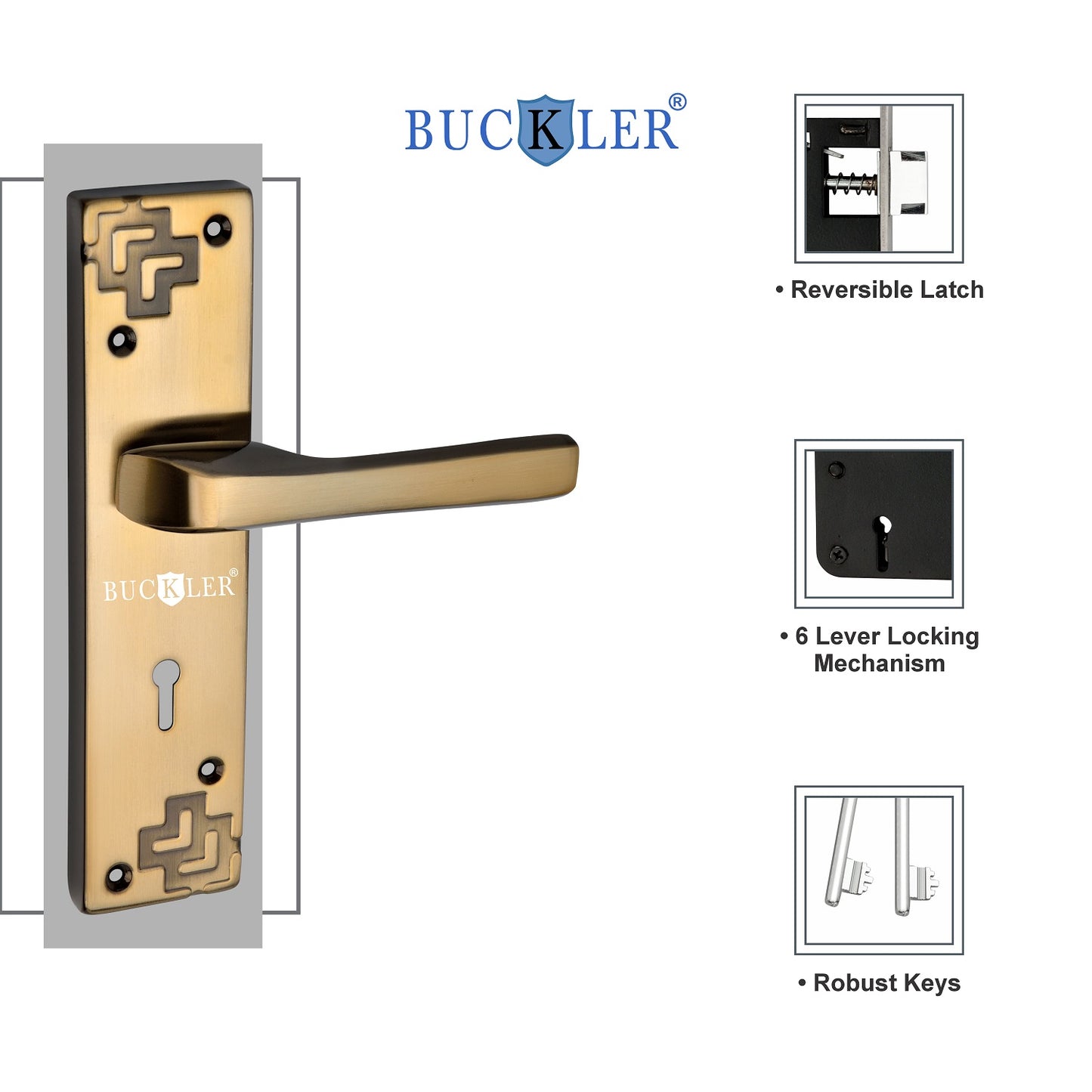 BUCKLER Iron Premium Mortise Handle Lock set for wooden door, 8 Inch Brass Antique, Heavy duty double locking system with 3 keys