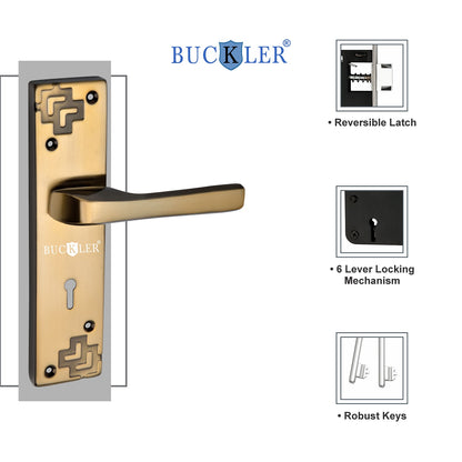 BUCKLER Iron Premium Mortise Handle Lock set for wooden door, 8 Inch Brass Antique, Heavy duty double locking system with 3 keys