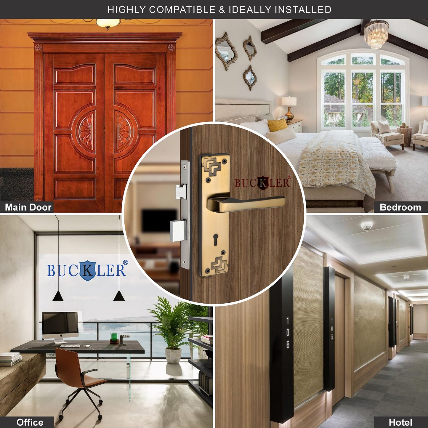 BUCKLER Iron Premium Mortise Handle Lock set for wooden door, 8 Inch Brass Antique, Heavy duty double locking system with 3 keys