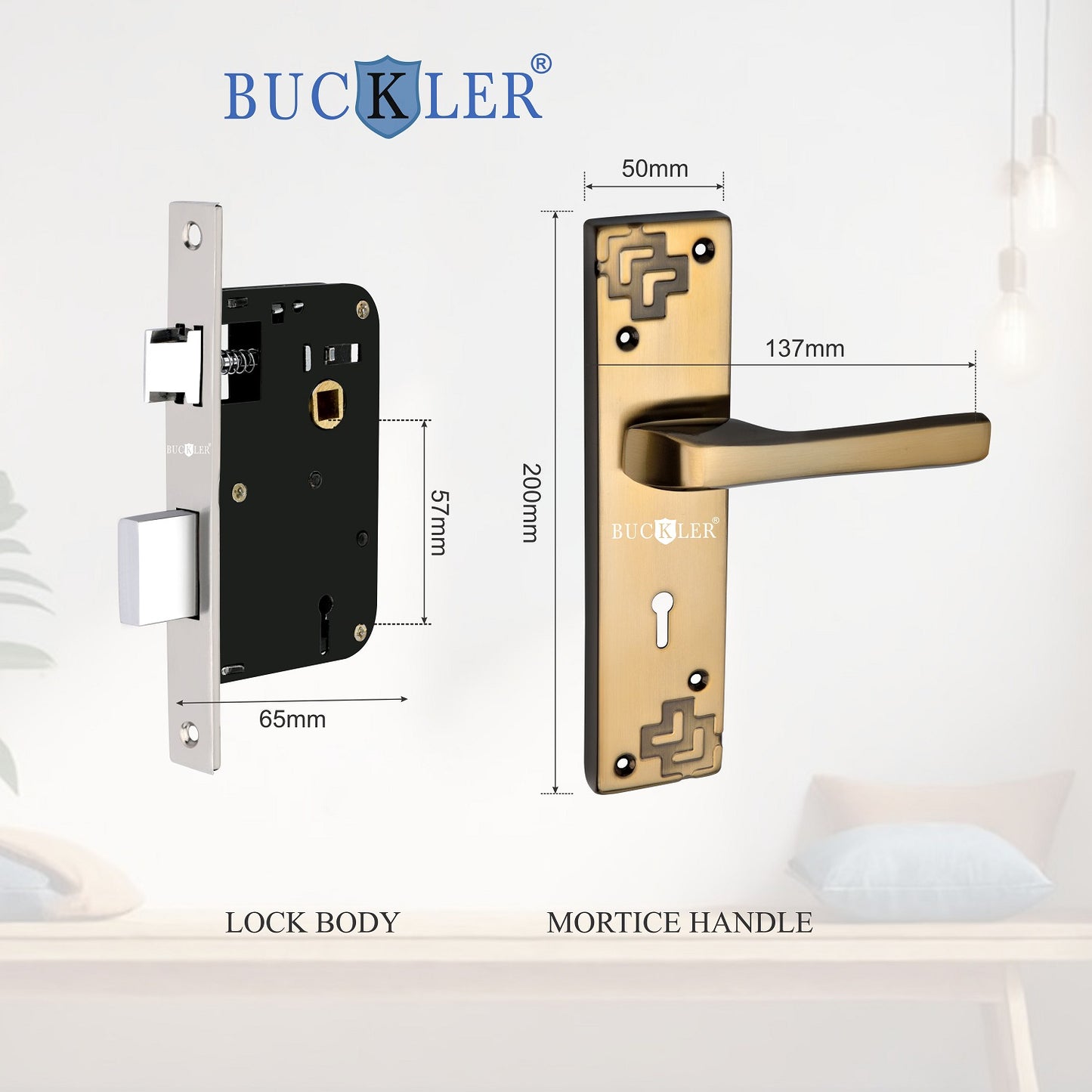 BUCKLER Iron Premium Mortise Handle Lock set for wooden door, 8 Inch Brass Antique, Heavy duty double locking system with 3 keys