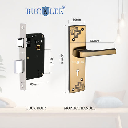 BUCKLER Iron Premium Mortise Handle Lock set for wooden door, 8 Inch Brass Antique, Heavy duty double locking system with 3 keys