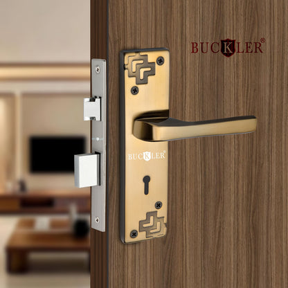BUCKLER Iron Premium Mortise Handle Lock set for wooden door, 8 Inch Brass Antique, Heavy duty double locking system with 3 keys