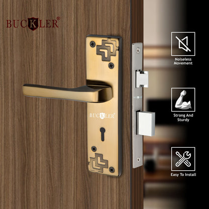 BUCKLER Iron Premium Mortise Handle Lock set for wooden door, 8 Inch Brass Antique, Heavy duty double locking system with 3 keys