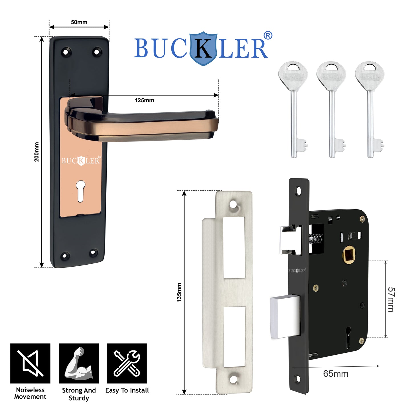 BUCKLER Iron Premium Mortise Handle Lock set for wooden door, 8 Inch Brass Antique, Heavy duty double locking system with 3 keys