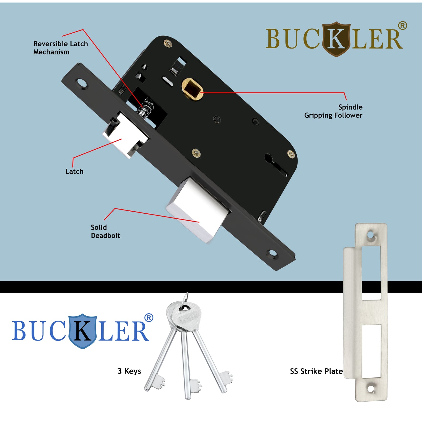 BUCKLER Iron Premium Mortise Handle Lock set for wooden door, 8 Inch Brass Antique, Heavy duty double locking system with 3 keys