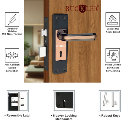 BUCKLER Iron Premium Mortise Handle Lock set for wooden door, 8 Inch Brass Antique, Heavy duty double locking system with 3 keys