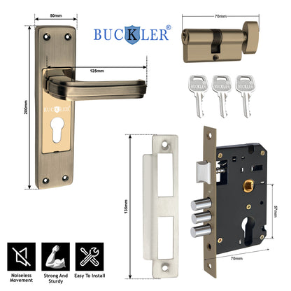 BUCKLER Iron Premium Mortise Handle Lock set for wooden door, 8 Inch Brass Antique, Heavy duty double locking system with 3 keys