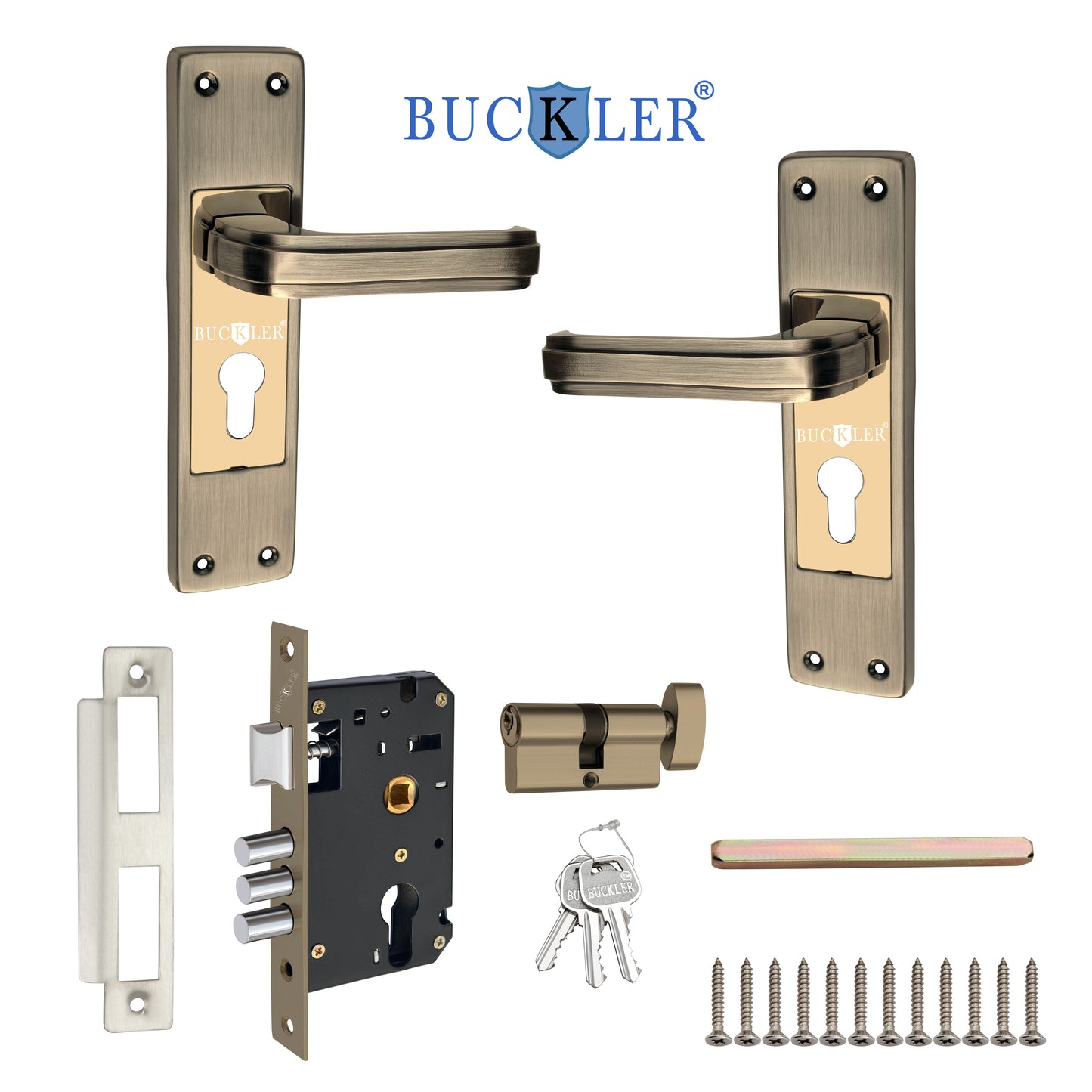 BUCKLER Iron Premium Mortise Handle Lock set for wooden door, 8 Inch Brass Antique, Heavy duty double locking system with 3 keys