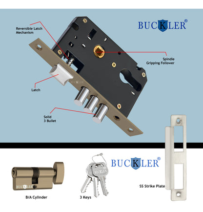 BUCKLER Iron Premium Mortise Handle Lock set for wooden door, 8 Inch Brass Antique, Heavy duty double locking system with 3 keys