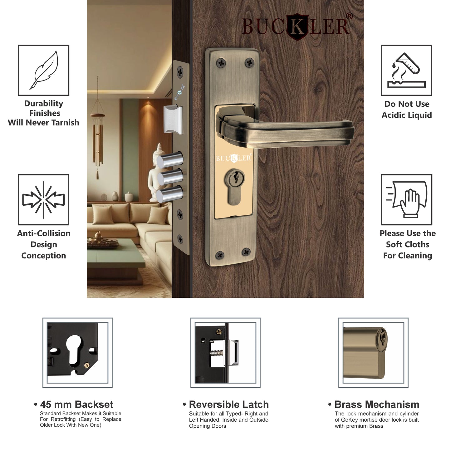 BUCKLER Iron Premium Mortise Handle Lock set for wooden door, 8 Inch Brass Antique, Heavy duty double locking system with 3 keys