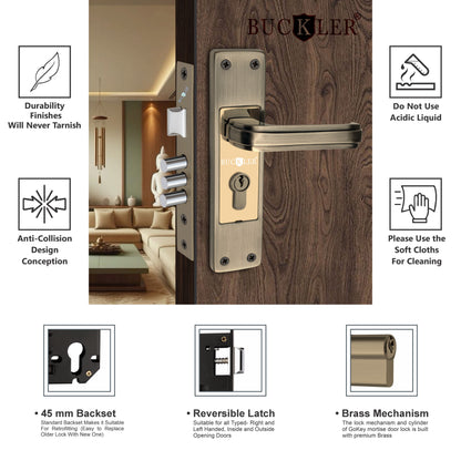 BUCKLER Iron Premium Mortise Handle Lock set for wooden door, 8 Inch Brass Antique, Heavy duty double locking system with 3 keys