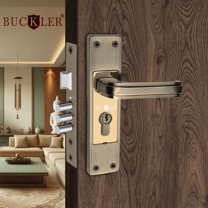 BUCKLER Iron Premium Mortise Handle Lock set for wooden door, 8 Inch Brass Antique, Heavy duty double locking system with 3 keys