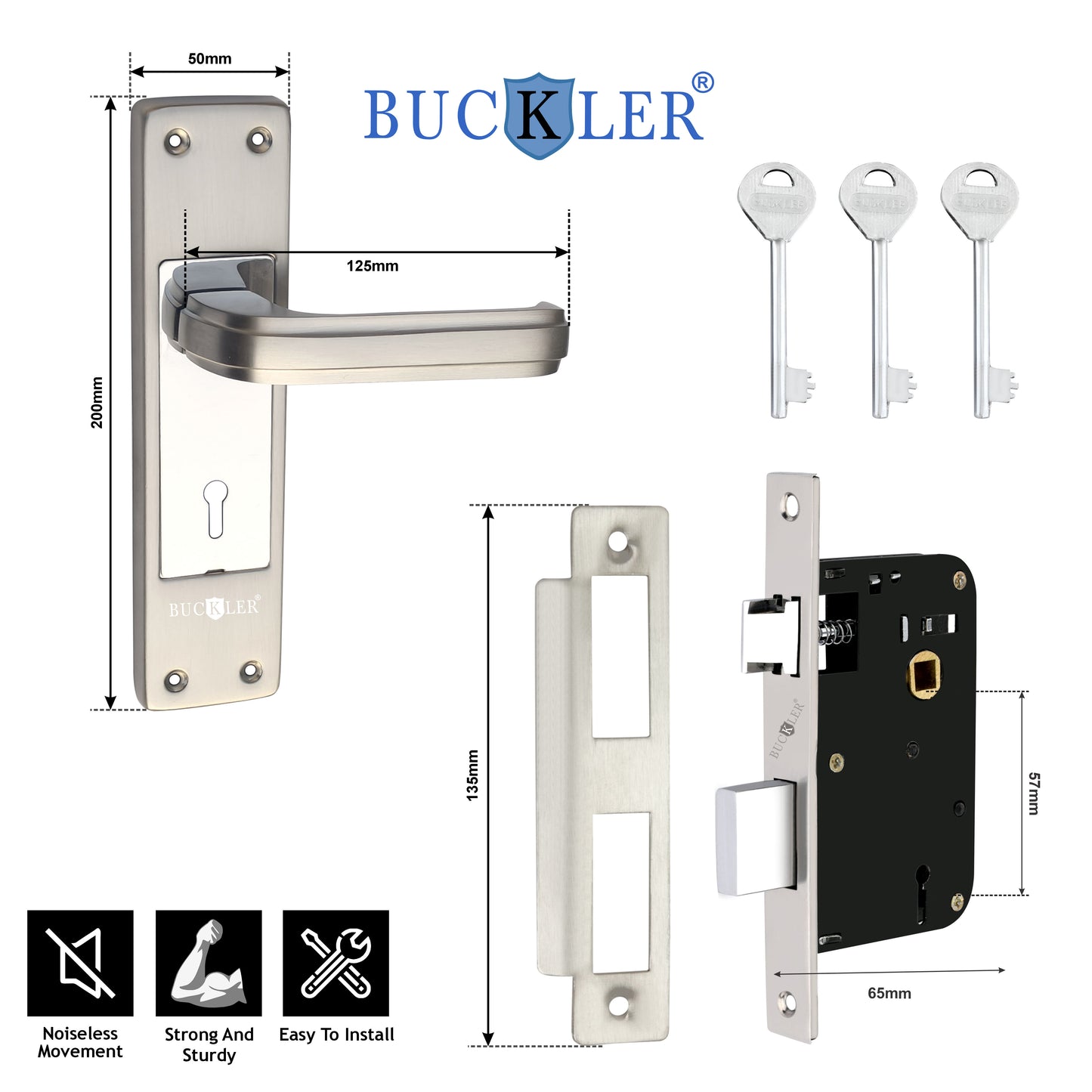 BUCKLER Iron Premium Mortise Handle Lock set for wooden door, 8 Inch Brass Antique, Heavy duty double locking system with 3 keys