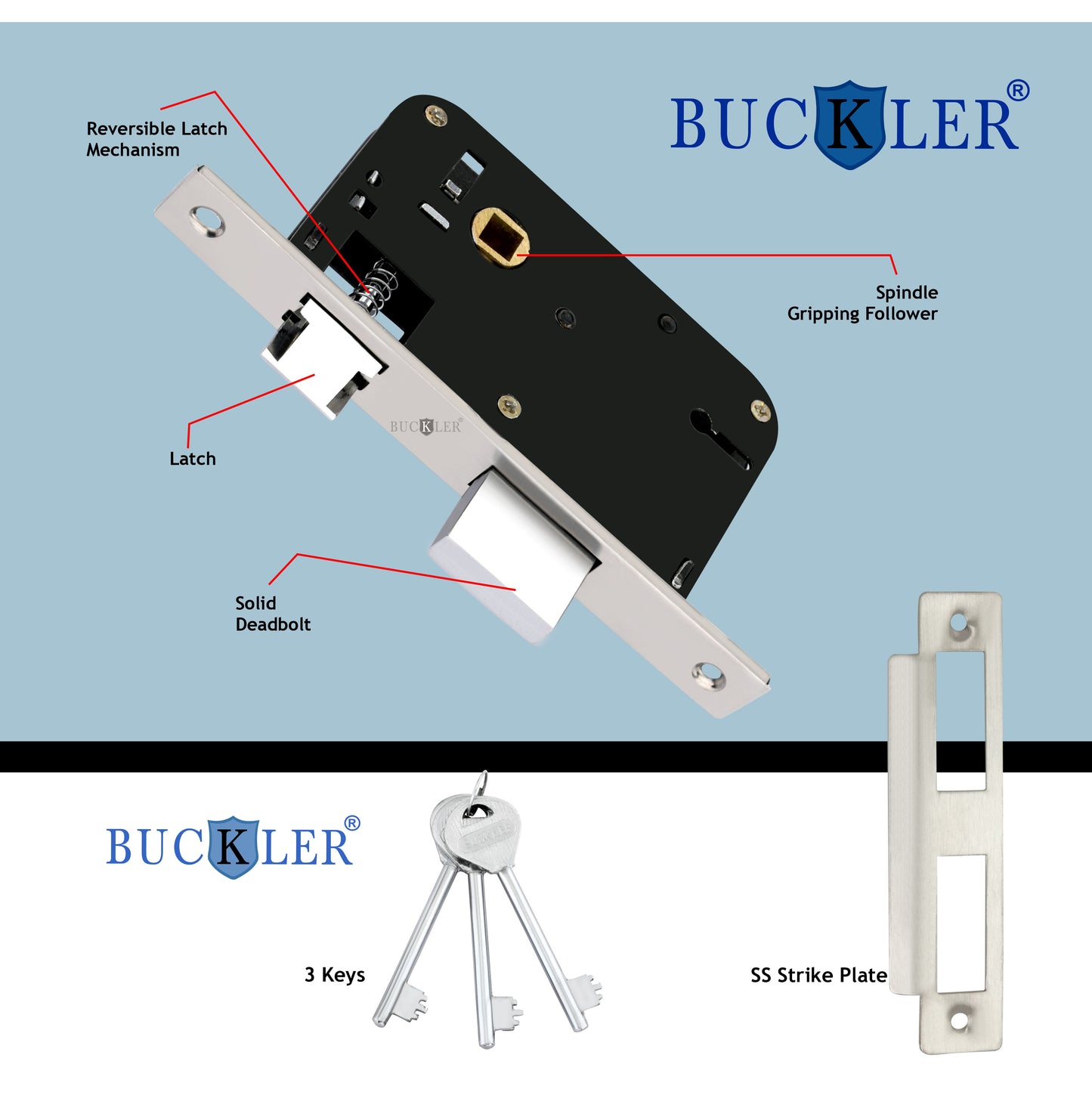 BUCKLER Iron Premium Mortise Handle Lock set for wooden door, 8 Inch Brass Antique, Heavy duty double locking system with 3 keys