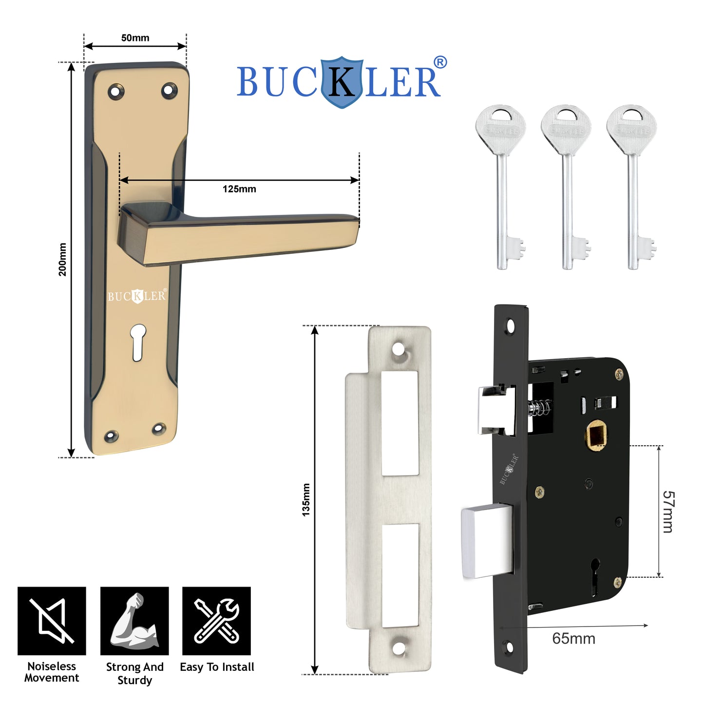 BUCKLER Iron Premium Mortise Handle Lock set for wooden door, 8 Inch Brass Antique, Heavy duty double locking system with 3 keys