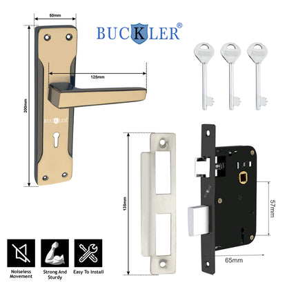 BUCKLER Iron Premium Mortise Handle Lock set for wooden door, 8 Inch Brass Antique, Heavy duty double locking system with 3 keys