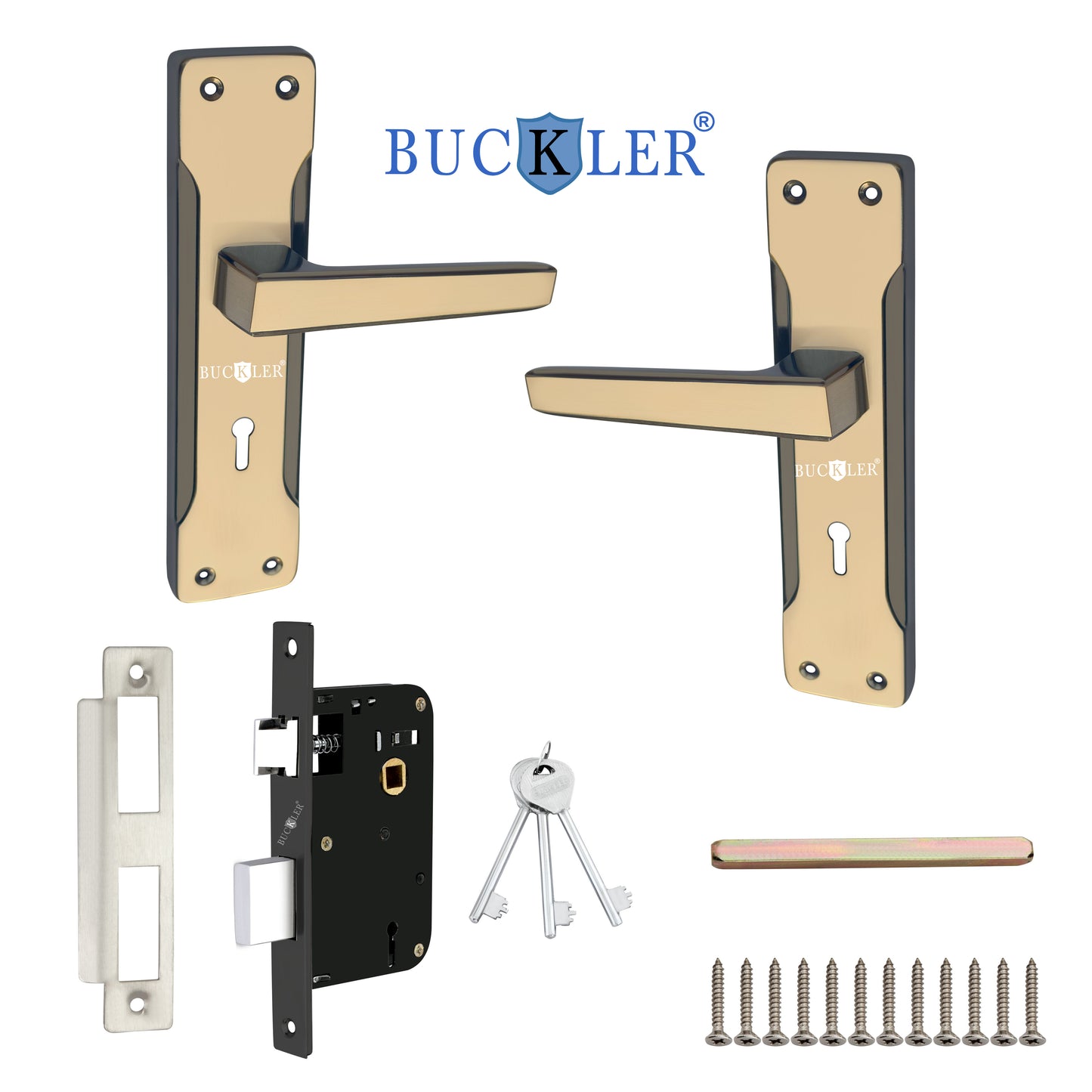 BUCKLER Iron Premium Mortise Handle Lock set for wooden door, 8 Inch Brass Antique, Heavy duty double locking system with 3 keys