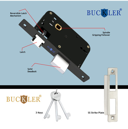 BUCKLER Iron Premium Mortise Handle Lock set for wooden door, 8 Inch Brass Antique, Heavy duty double locking system with 3 keys