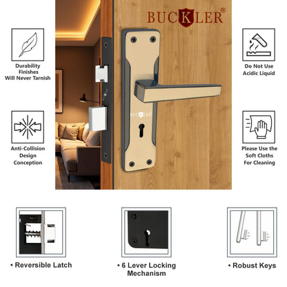BUCKLER Iron Premium Mortise Handle Lock set for wooden door, 8 Inch Brass Antique, Heavy duty double locking system with 3 keys
