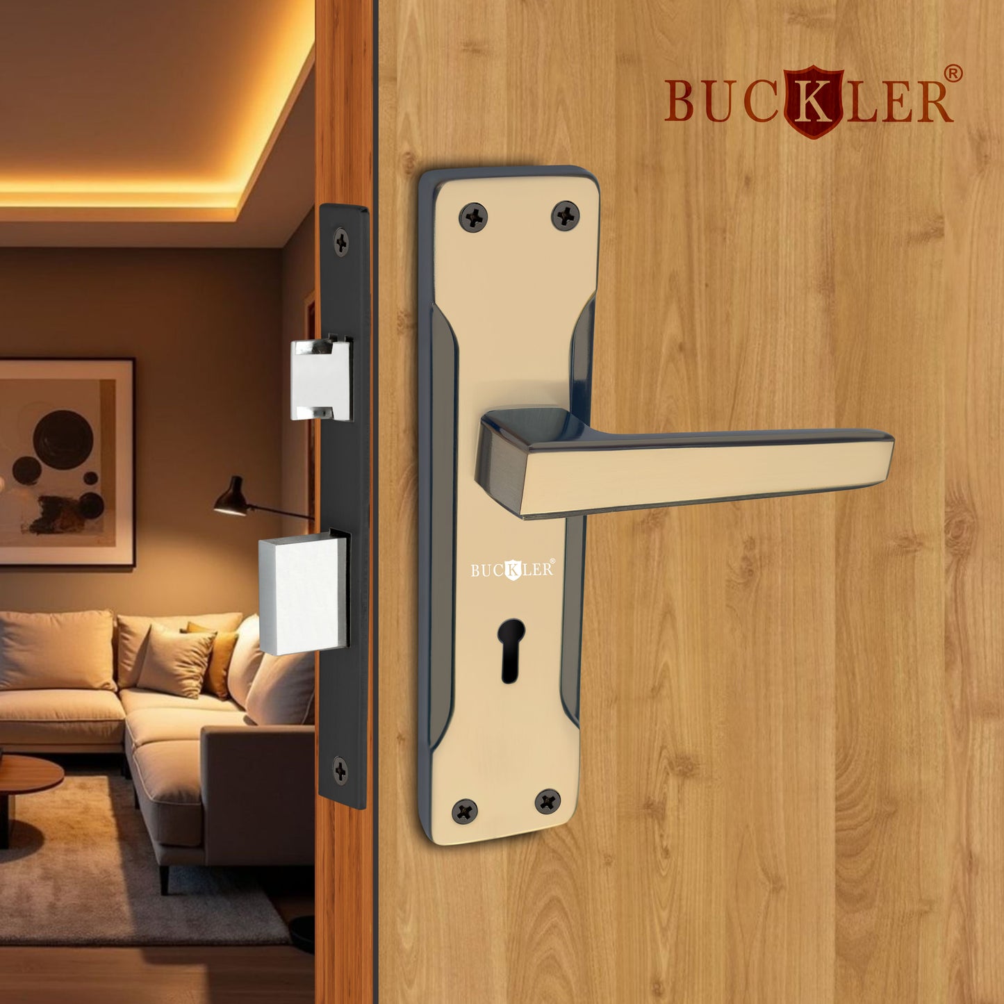 BUCKLER Iron Premium Mortise Handle Lock set for wooden door, 8 Inch Brass Antique, Heavy duty double locking system with 3 keys