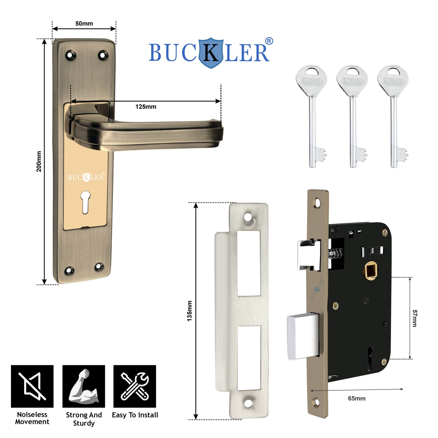BUCKLER Iron Premium Mortise Handle Lock set for wooden door, 8 Inch Brass Antique, Heavy duty double locking system with 3 keys