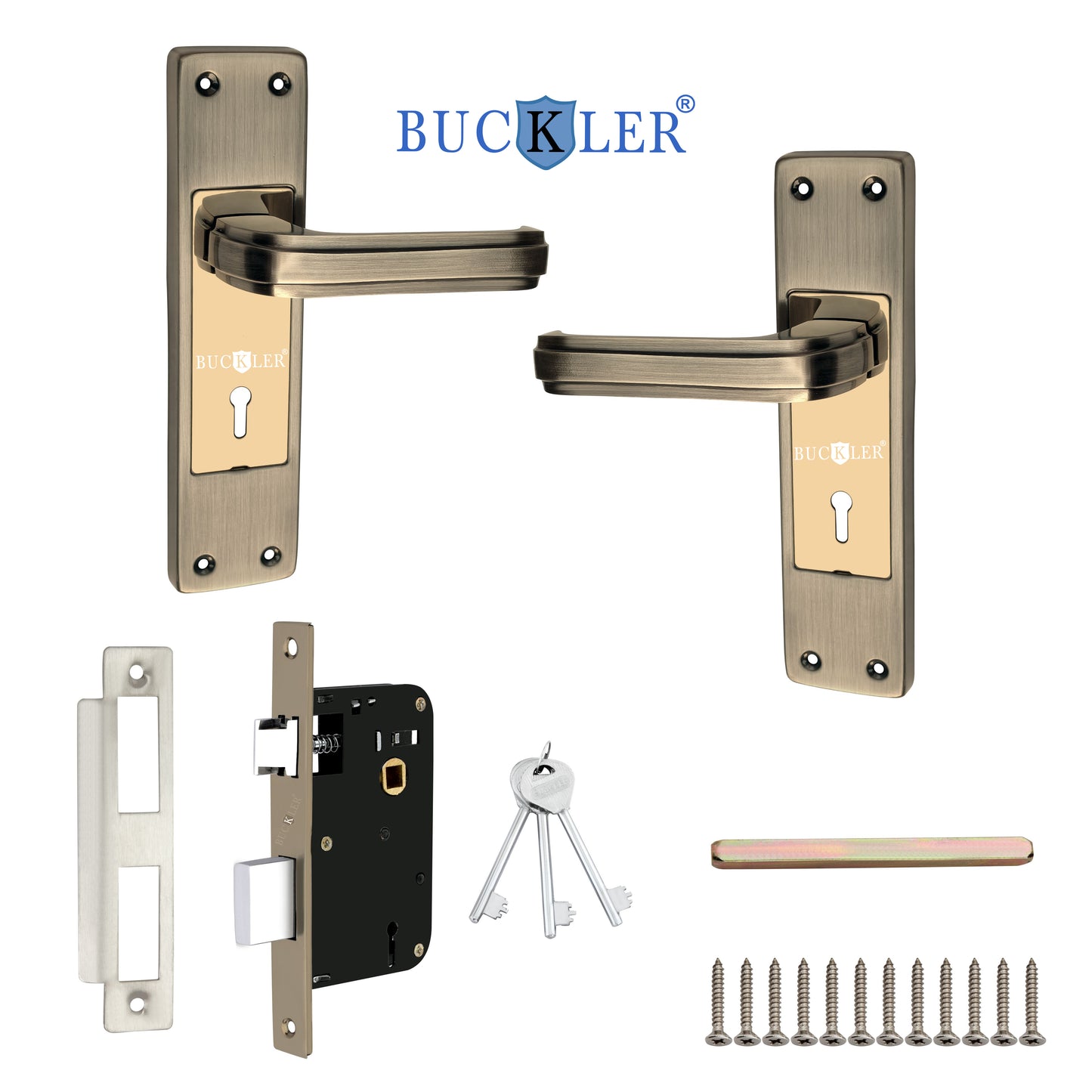BUCKLER Iron Premium Mortise Handle Lock set for wooden door, 8 Inch Brass Antique, Heavy duty double locking system with 3 keys