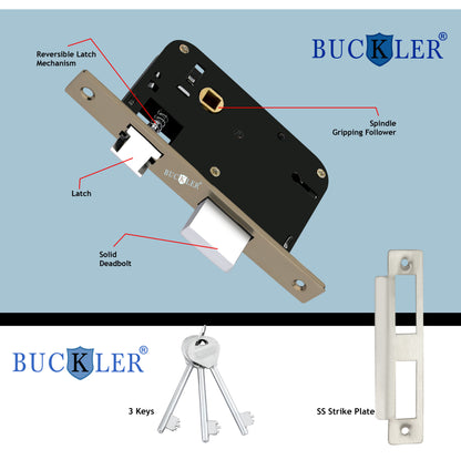 BUCKLER Iron Premium Mortise Handle Lock set for wooden door, 8 Inch Brass Antique, Heavy duty double locking system with 3 keys