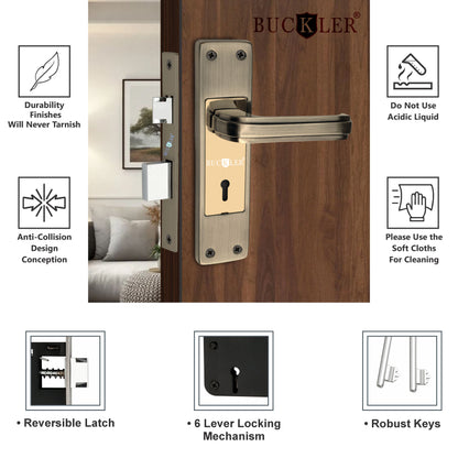 BUCKLER Iron Premium Mortise Handle Lock set for wooden door, 8 Inch Brass Antique, Heavy duty double locking system with 3 keys