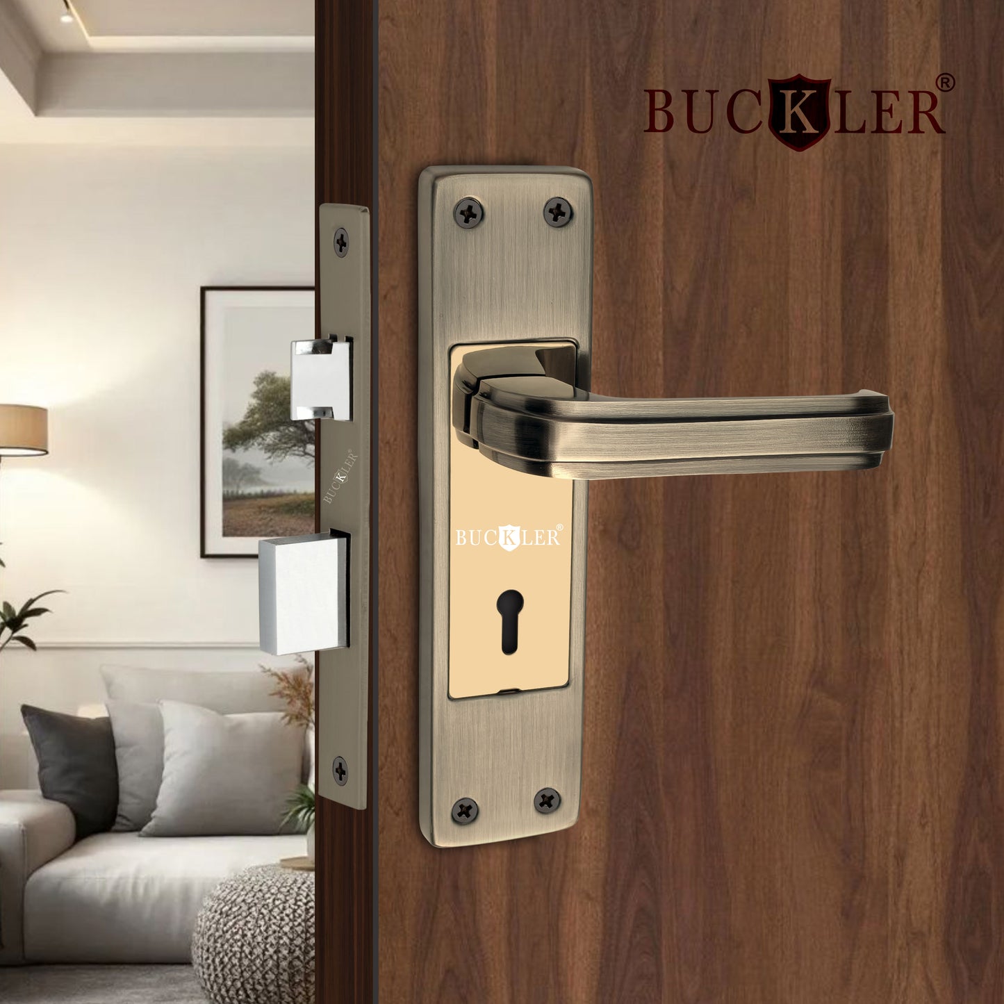 BUCKLER Iron Premium Mortise Handle Lock set for wooden door, 8 Inch Brass Antique, Heavy duty double locking system with 3 keys