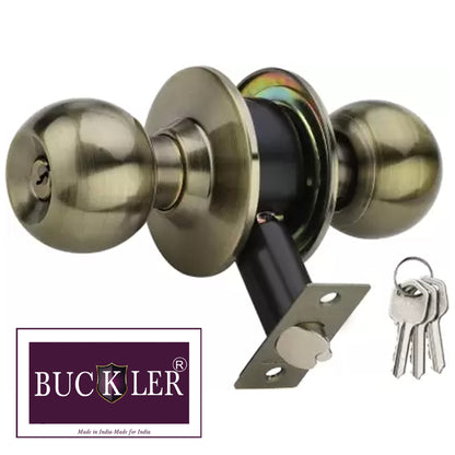 BUCKLER Premium Cylindrical Door Lock | Brass Antique Finish Round Door Knob Lock with Keys | Heavy Duty Main Door & Room Door Security Lock