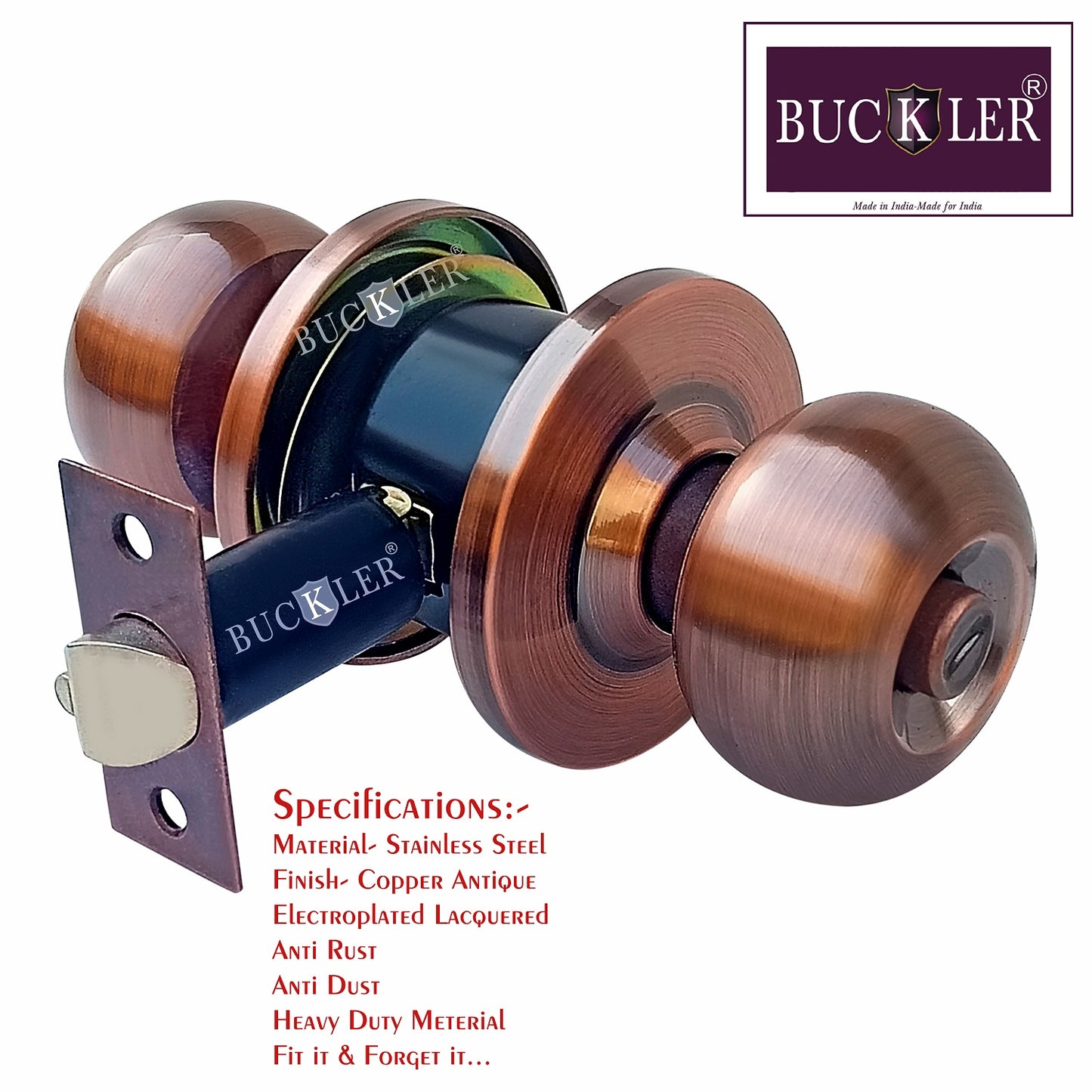 BUCKLER Premium Cylindrical Door Lock | Copper Finish Round Door Knob Lock with Keys | Heavy Duty Main Door & Room Door Security Lock