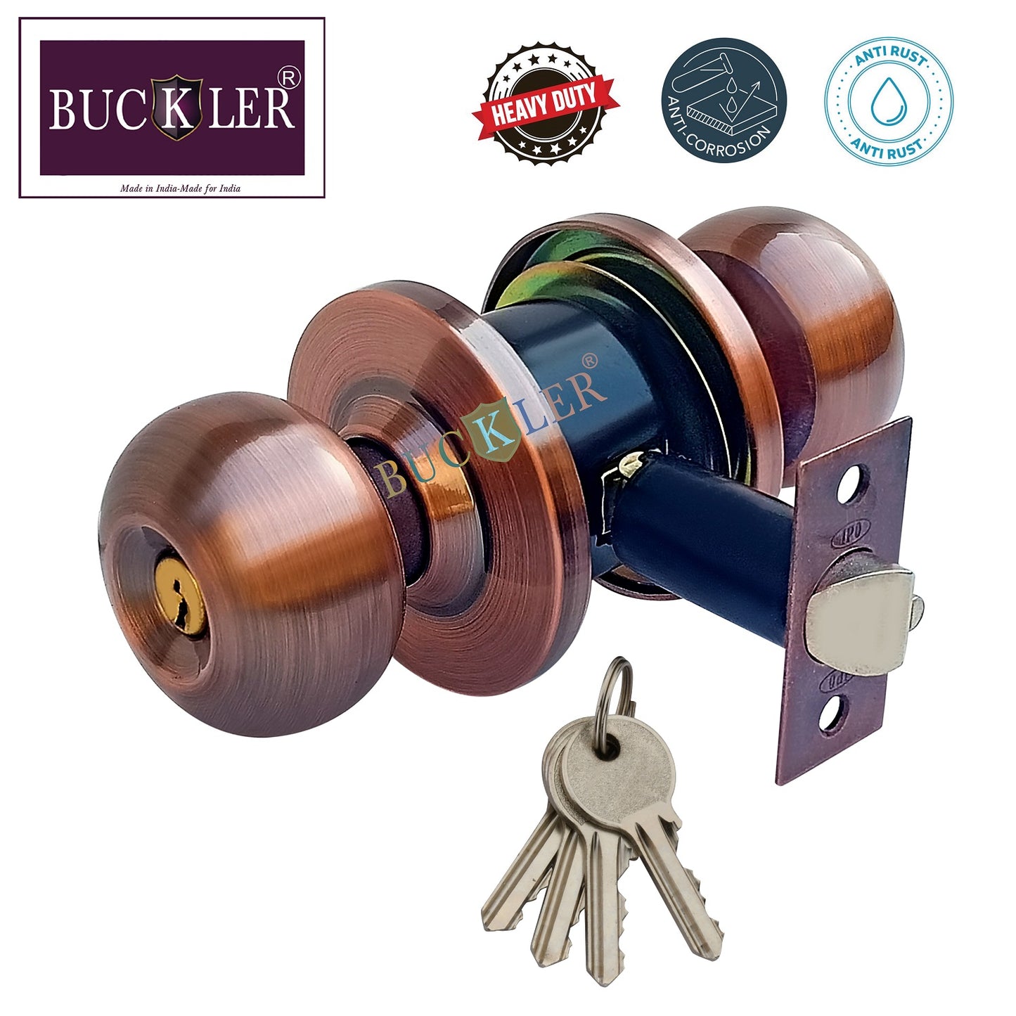 BUCKLER Premium Cylindrical Door Lock | Copper Finish Round Door Knob Lock with Keys | Heavy Duty Main Door & Room Door Security Lock