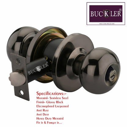 BUCKLER Premium Cylindrical Door Lock | Black Glossy Finish Round Door Knob Lock with Keys | Heavy Duty Main Door & Room Door Security Lock