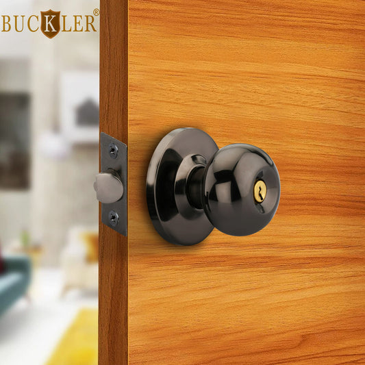 BUCKLER Premium Cylindrical Door Lock | Black Glossy Finish Round Door Knob Lock with Keys | Heavy Duty Main Door & Room Door Security Lock