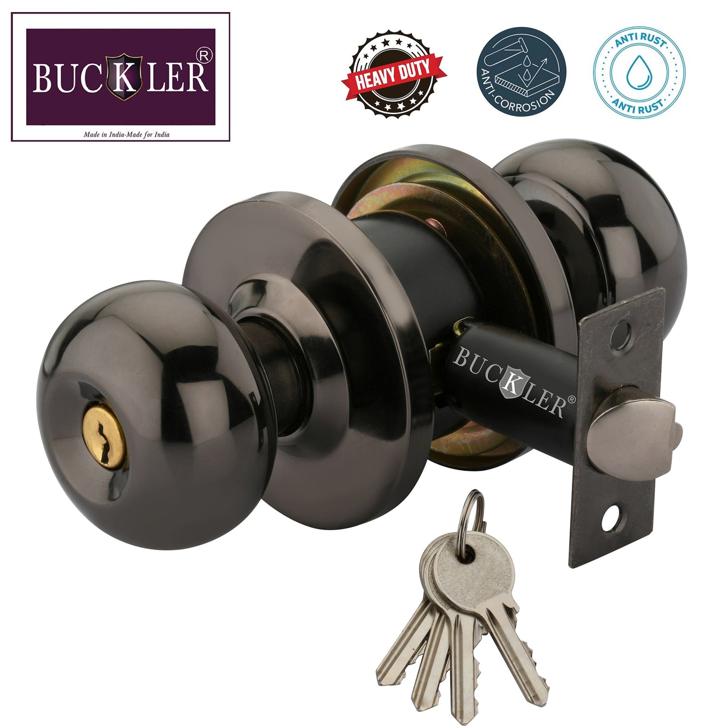 BUCKLER Premium Cylindrical Door Lock | Black Glossy Finish Round Door Knob Lock with Keys | Heavy Duty Main Door & Room Door Security Lock