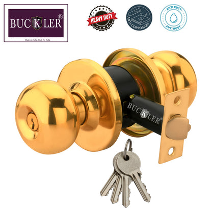 BUCKLER Premium Cylindrical Door Lock | Gold Finish Round Door Knob Lock with Keys | Heavy Duty Main Door & Room Door Security Lock