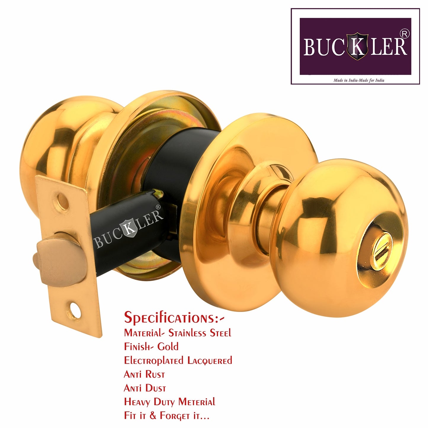BUCKLER Premium Cylindrical Door Lock | Gold Finish Round Door Knob Lock with Keys | Heavy Duty Main Door & Room Door Security Lock