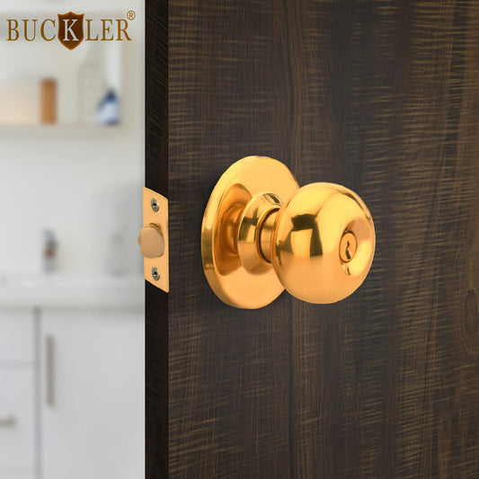 BUCKLER Premium Cylindrical Door Lock | Gold Finish Round Door Knob Lock with Keys | Heavy Duty Main Door & Room Door Security Lock